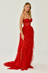 STRAPLEZ UZUN TRANSPARAN BEL DETAYLI YIRTMAÇLI ABİYE