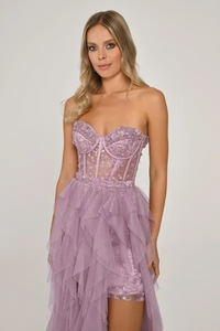 STRAPLEZ UZUN TRANSPARAN BEL DETAYLI YIRTMAÇLI ABİYE