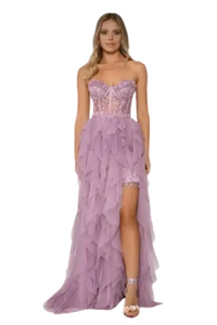 STRAPLEZ UZUN TRANSPARAN BEL DETAYLI YIRTMAÇLI ABİYE