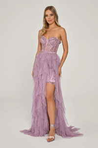 STRAPLEZ UZUN TRANSPARAN BEL DETAYLI YIRTMAÇLI ABİYE