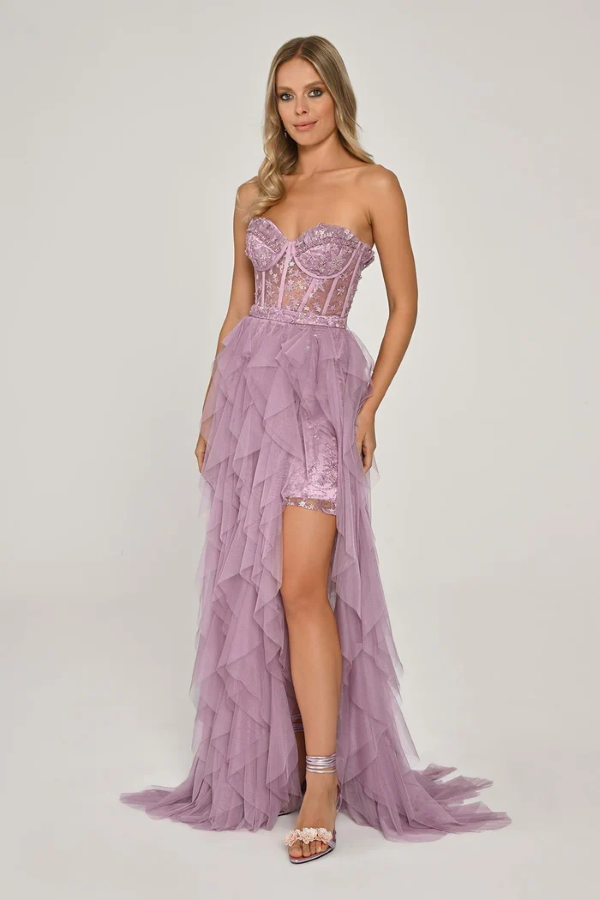 STRAPLEZ UZUN TRANSPARAN BEL DETAYLI YIRTMAÇLI ABİYE