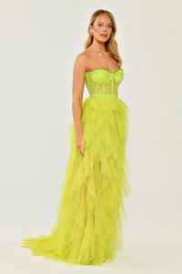 STRAPLEZ UZUN TRANSPARAN BEL DETAYLI YIRTMAÇLI ABİYE