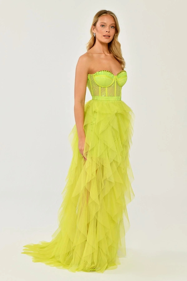 STRAPLEZ UZUN TRANSPARAN BEL DETAYLI YIRTMAÇLI ABİYE