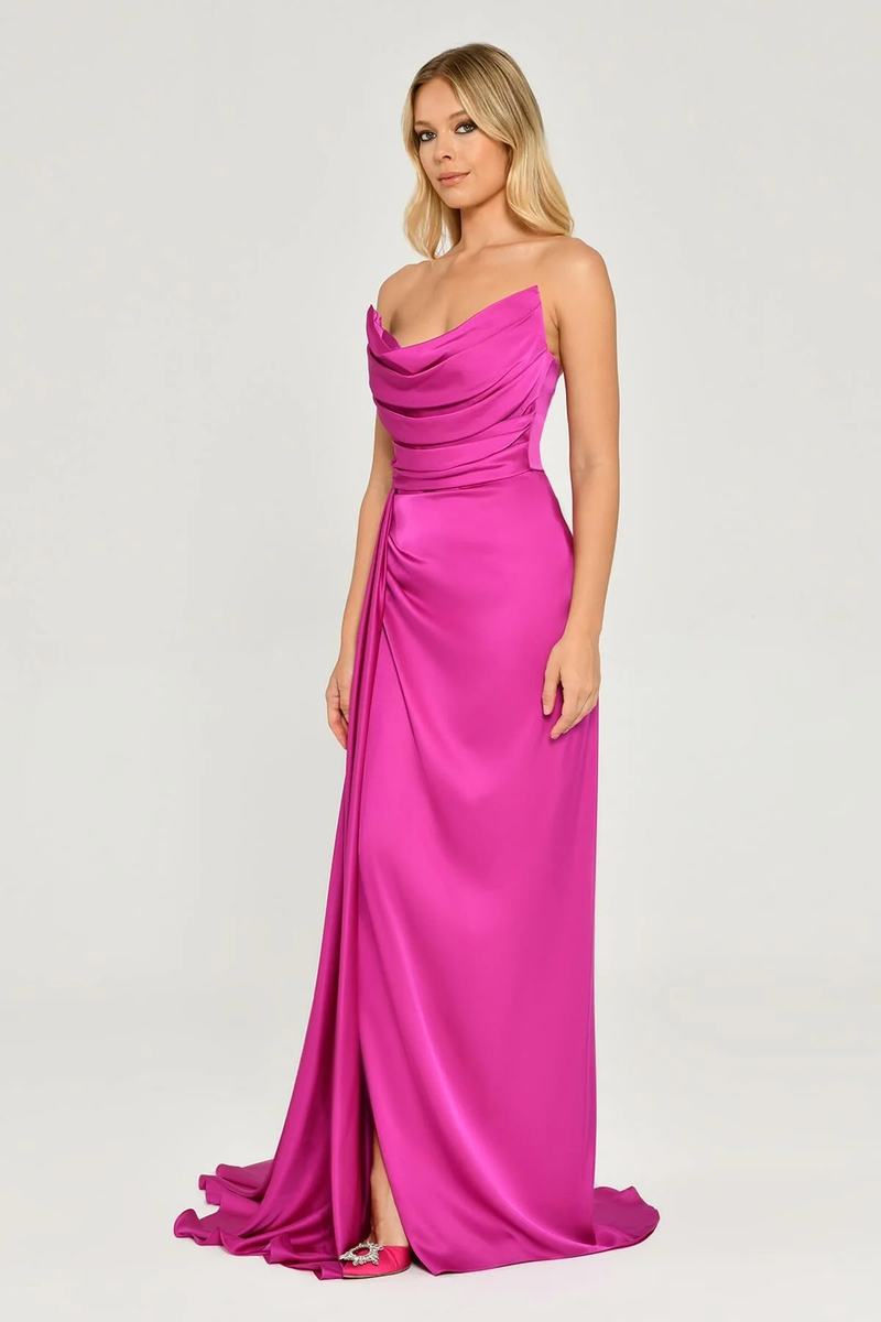 KADIN UZUN ABİYE KAYIK YAKA YIRTMAÇLI SATEN ELBİSE