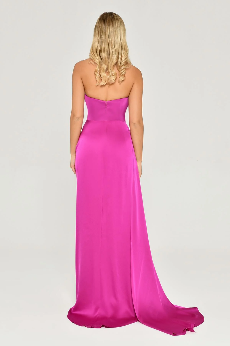 KADIN UZUN ABİYE KAYIK YAKA YIRTMAÇLI SATEN ELBİSE