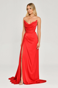 KADIN UZUN ABİYE KAYIK YAKA YIRTMAÇLI SATEN ELBİSE