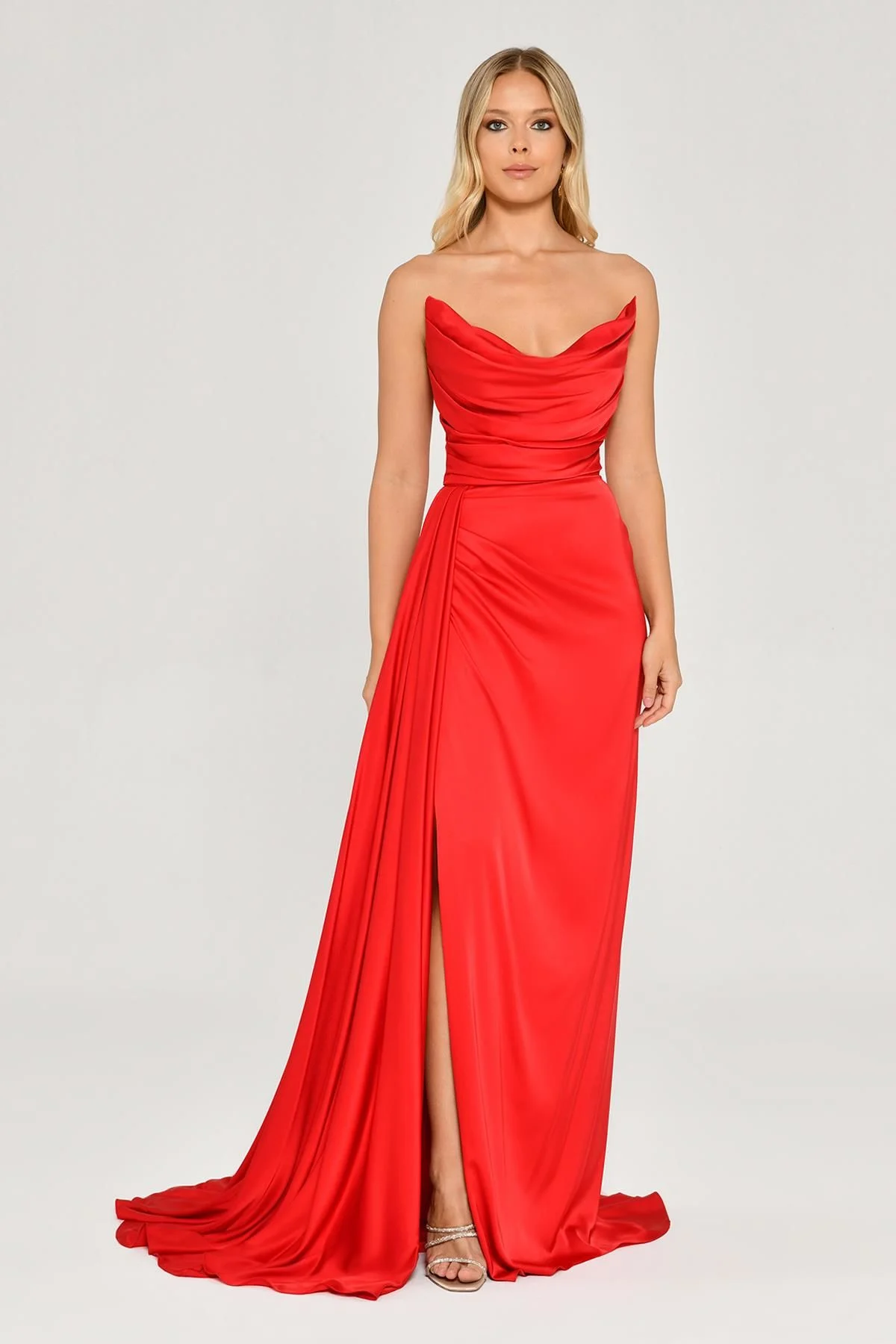 KADIN UZUN ABİYE KAYIK YAKA YIRTMAÇLI SATEN ELBİSE