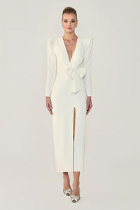 V YAKA FİYONK DETAYLI UZUN KOLLU MİDİ BOY YIRTMAÇLI  ABİYE