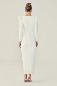 V YAKA FİYONK DETAYLI UZUN KOLLU MİDİ BOY YIRTMAÇLI  ABİYE