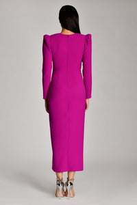 V YAKA FİYONK DETAYLI UZUN KOLLU MİDİ BOY YIRTMAÇLI  ABİYE