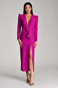 V YAKA FİYONK DETAYLI UZUN KOLLU MİDİ BOY YIRTMAÇLI  ABİYE