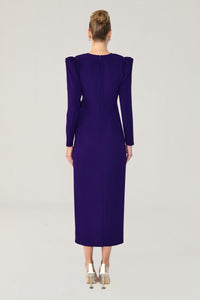 V YAKA FİYONK DETAYLI UZUN KOLLU MİDİ BOY YIRTMAÇLI  ABİYE