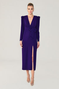 V YAKA FİYONK DETAYLI UZUN KOLLU MİDİ BOY YIRTMAÇLI  ABİYE