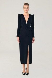 V YAKA FİYONK DETAYLI UZUN KOLLU MİDİ BOY YIRTMAÇLI  ABİYE