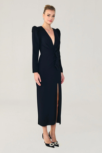 V YAKA FİYONK DETAYLI UZUN KOLLU MİDİ BOY YIRTMAÇLI  ABİYE