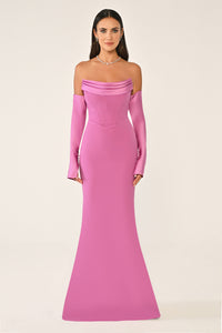 STRAPLEZ DEGAJE YAKA ELDİVEN DETAYLI ŞIK ABİYE