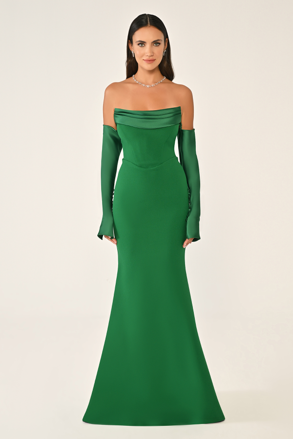 STRAPLEZ DEGAJE YAKA ELDİVEN DETAYLI ŞIK ABİYE