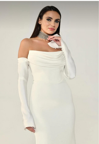 STRAPLEZ DEGAJE YAKA ELDİVEN DETAYLI ŞIK ABİYE