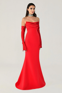 STRAPLEZ DEGAJE YAKA ELDİVEN DETAYLI ŞIK ABİYE