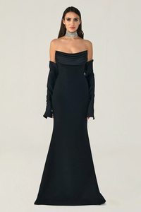 STRAPLEZ DEGAJE YAKA ELDİVEN DETAYLI ŞIK ABİYE