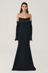 STRAPLEZ DEGAJE YAKA ELDİVEN DETAYLI ŞIK ABİYE