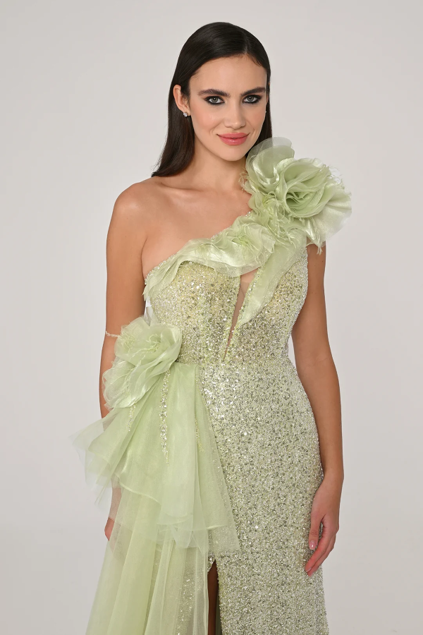 ORGANZE DETAYLI PAYETLİ ŞIK UZUN YIRTMAÇLI ABİYE