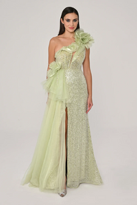 ORGANZE DETAYLI PAYETLİ ŞIK UZUN YIRTMAÇLI ABİYE