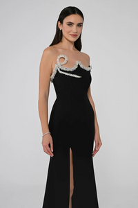 STRAPLEZ ASİMETRİK YAKA TAŞ DETAYLI YIRTMAÇLI UZUN ABİYE