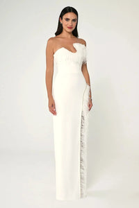 STAPLEZ GÖĞÜS ASİMETRİK KESİM TÜYLÜ TAŞLI KREP UZUN ELBİSE