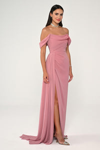 STRAPLEZ YAKA DÜŞÜK KOL YIRTMAÇLI UZUN ŞİFON ABİYE