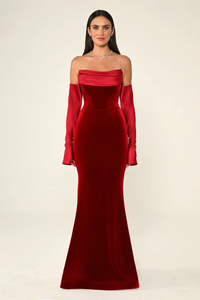 KADİFE BALIK KESİM SATEN KOL VE YAKA DETAY UZUN ABİYE ELBİSE