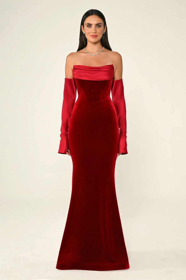 KADİFE BALIK KESİM SATEN KOL VE YAKA DETAY UZUN ABİYE ELBİSE