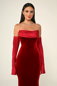 KADİFE BALIK KESİM SATEN KOL VE YAKA DETAY UZUN ABİYE ELBİSE