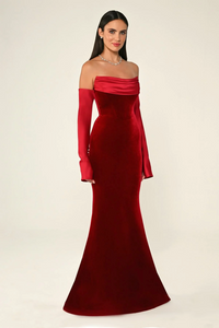 KADİFE BALIK KESİM SATEN KOL VE YAKA DETAY UZUN ABİYE ELBİSE