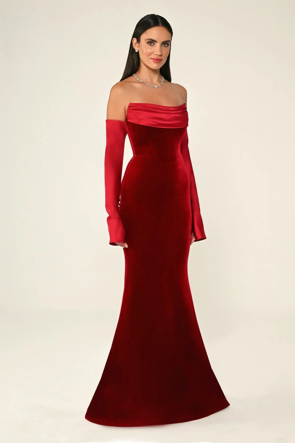 KADİFE BALIK KESİM SATEN KOL VE YAKA DETAY UZUN ABİYE ELBİSE