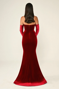 KADİFE BALIK KESİM SATEN KOL VE YAKA DETAY UZUN ABİYE ELBİSE