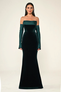 KADİFE BALIK KESİM SATEN KOL VE YAKA DETAY UZUN ABİYE ELBİSE