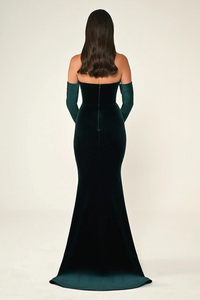 KADİFE BALIK KESİM SATEN KOL VE YAKA DETAY UZUN ABİYE ELBİSE