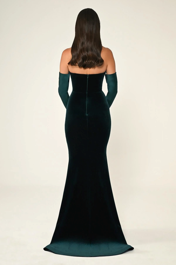 KADİFE BALIK KESİM SATEN KOL VE YAKA DETAY UZUN ABİYE ELBİSE