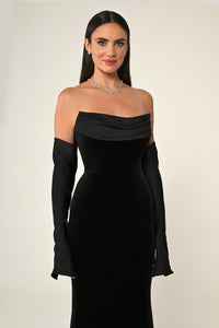 KADİFE BALIK KESİM SATEN KOL VE YAKA DETAY UZUN ABİYE ELBİSE