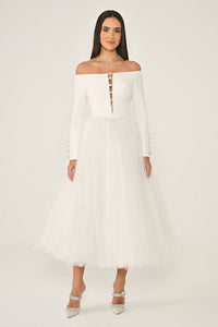 DEKOLTELİ OMZU AÇIK UZUN KOLLU ETEGİ PLİSELİ TÜL MİDİ ABİYE ELBİSE