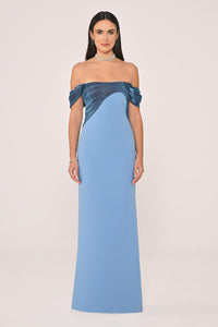 DÜŞÜK OMUZ SATEN YAKA KREP UZUN ABİYE ELBİSE