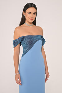 DÜŞÜK OMUZ SATEN YAKA KREP UZUN ABİYE ELBİSE