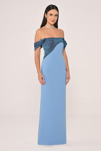 DÜŞÜK OMUZ SATEN YAKA KREP UZUN ABİYE ELBİSE