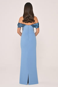 DÜŞÜK OMUZ SATEN YAKA KREP UZUN ABİYE ELBİSE