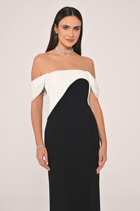 DÜŞÜK OMUZ SATEN YAKA KREP UZUN ABİYE ELBİSE