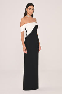 DÜŞÜK OMUZ SATEN YAKA KREP UZUN ABİYE ELBİSE