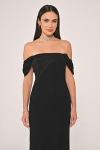 DÜŞÜK OMUZ SATEN YAKA KREP UZUN ABİYE ELBİSE