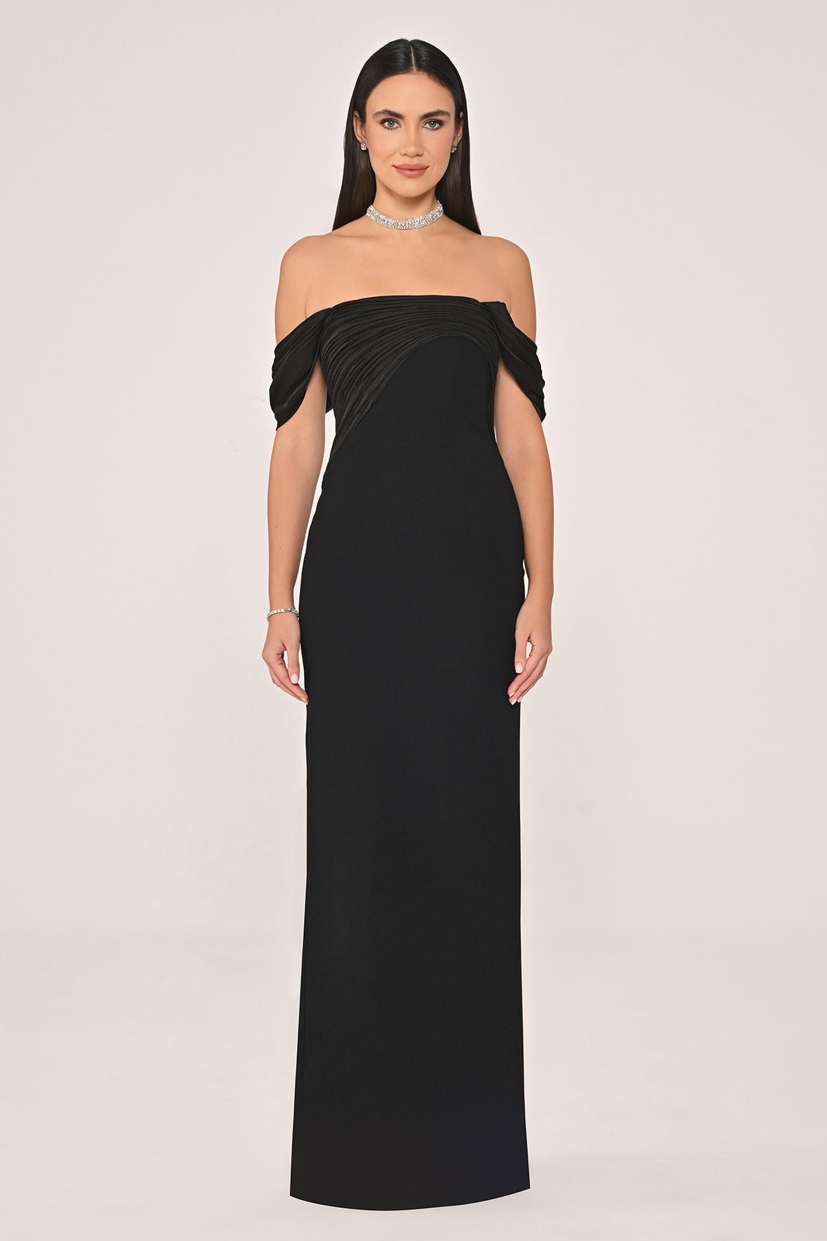 DÜŞÜK OMUZ SATEN YAKA KREP UZUN ABİYE ELBİSE