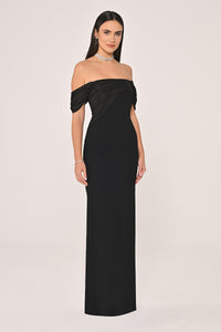 DÜŞÜK OMUZ SATEN YAKA KREP UZUN ABİYE ELBİSE